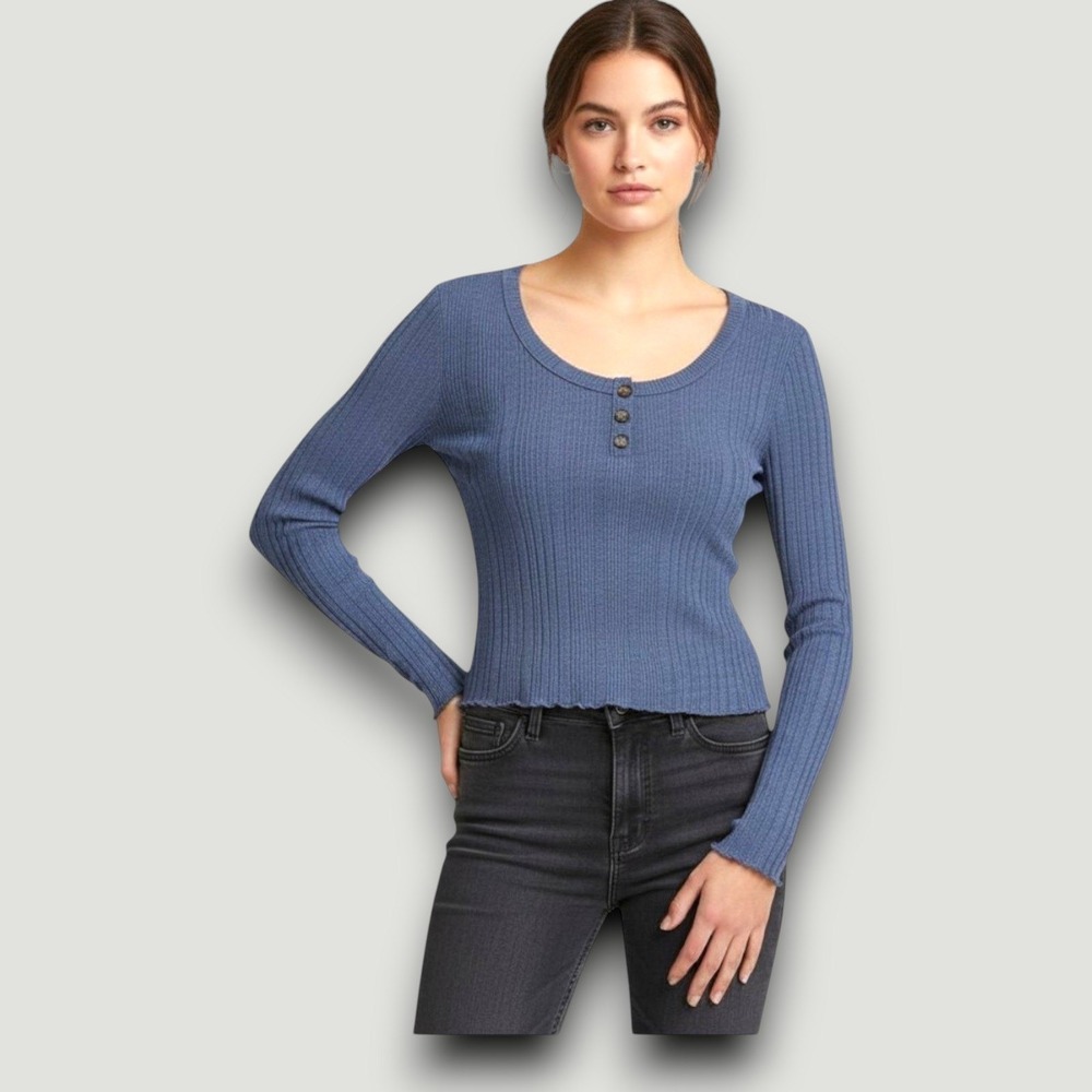 Aeropostale Aero Henley Top Women‎ L Blue Cropped Long Sleeve Minimalist Preppy